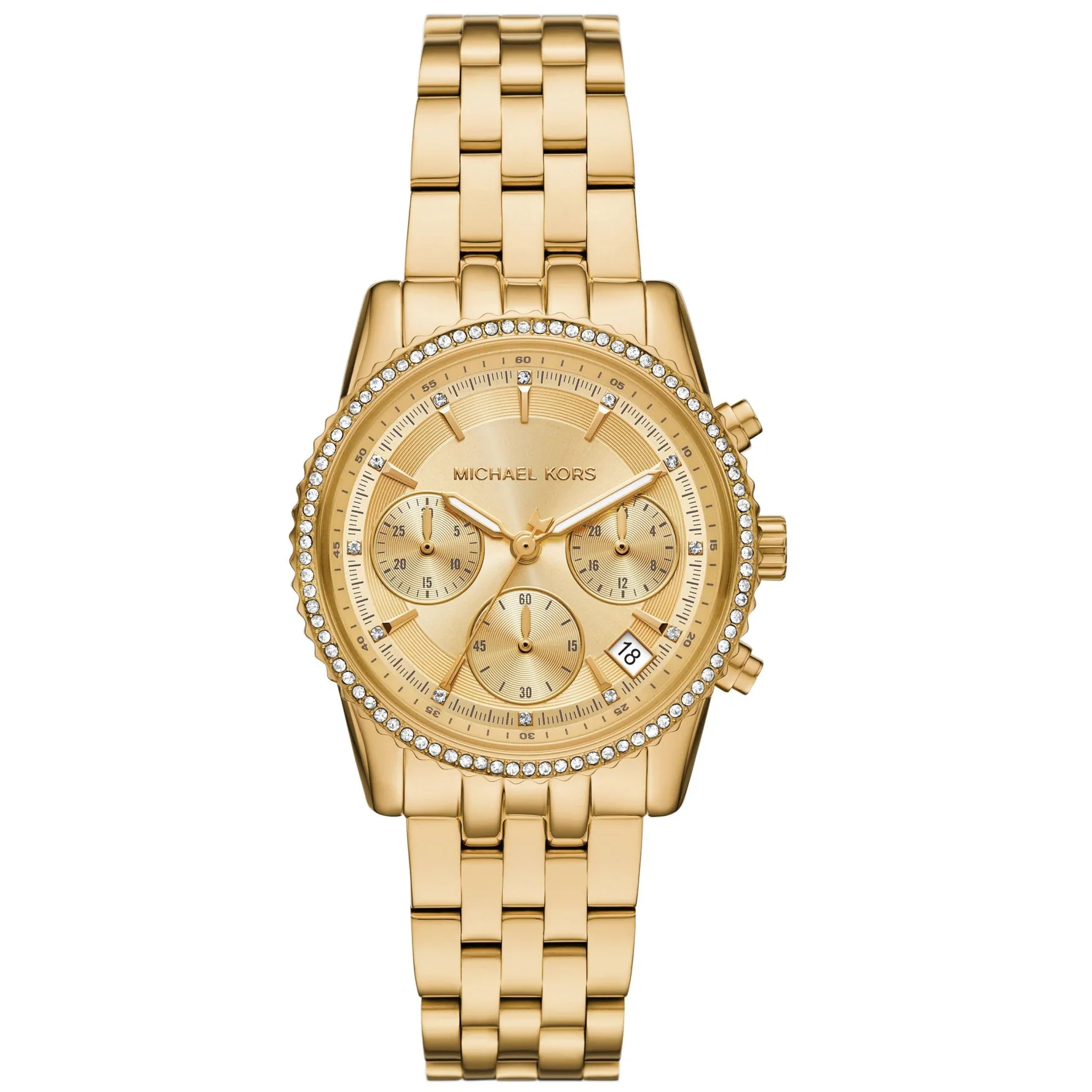 Michael Kors Mini Bryant 35mm Yellow Gold Plated Chronograph Crystal Ladies Watch
