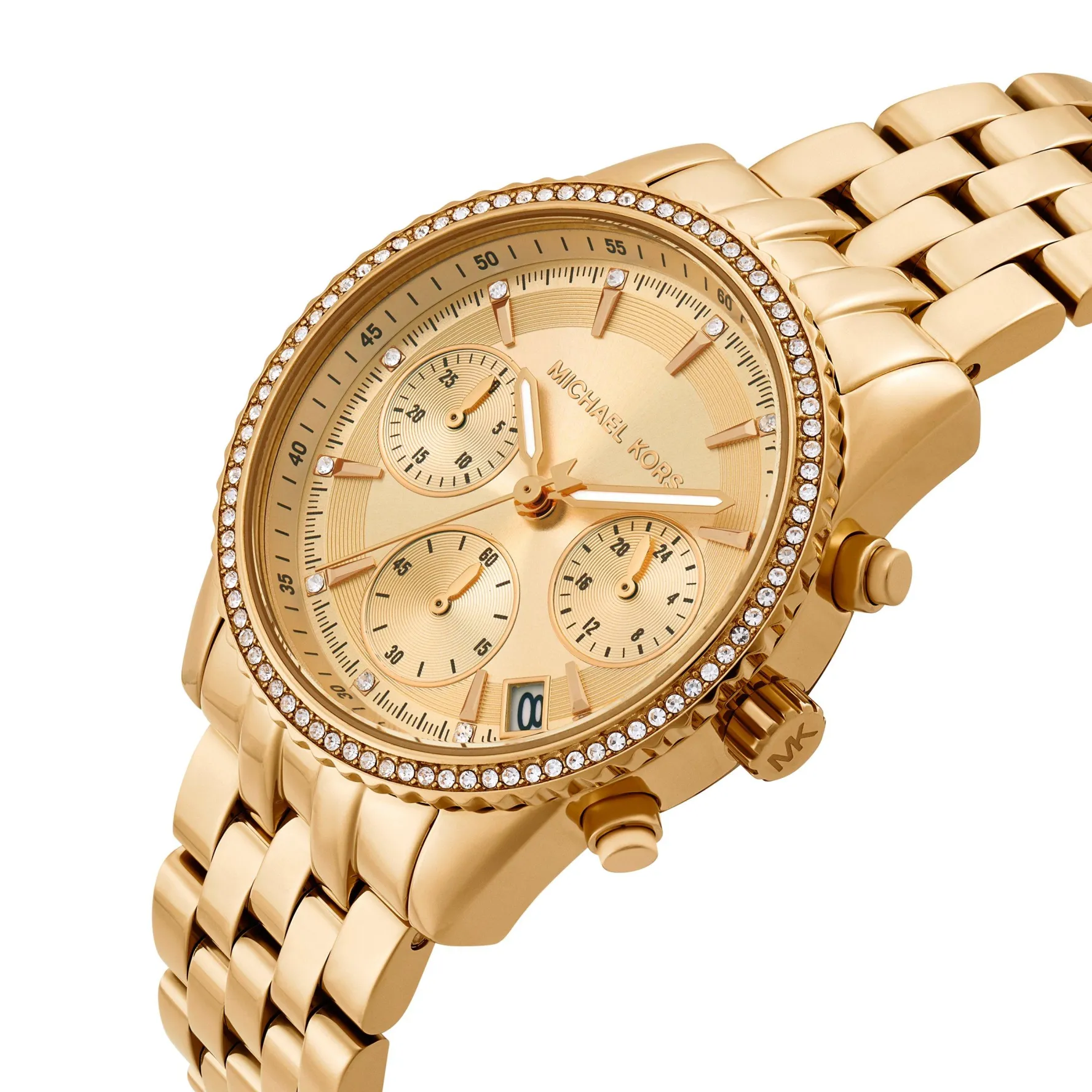 Michael Kors Mini Bryant 35mm Yellow Gold Plated Chronograph Crystal Ladies Watch