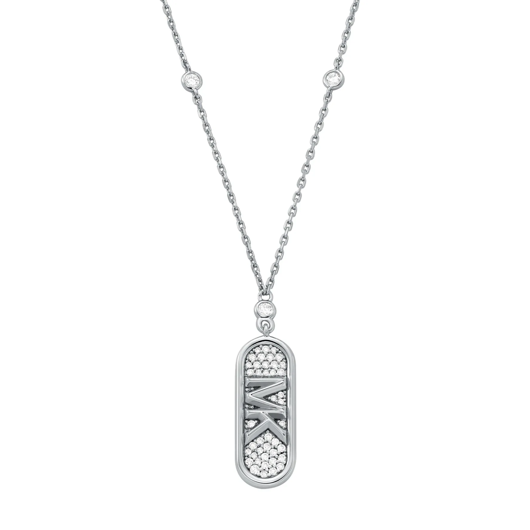 Michael Kors Silver Cubic Zirconia Dog Tag Necklace