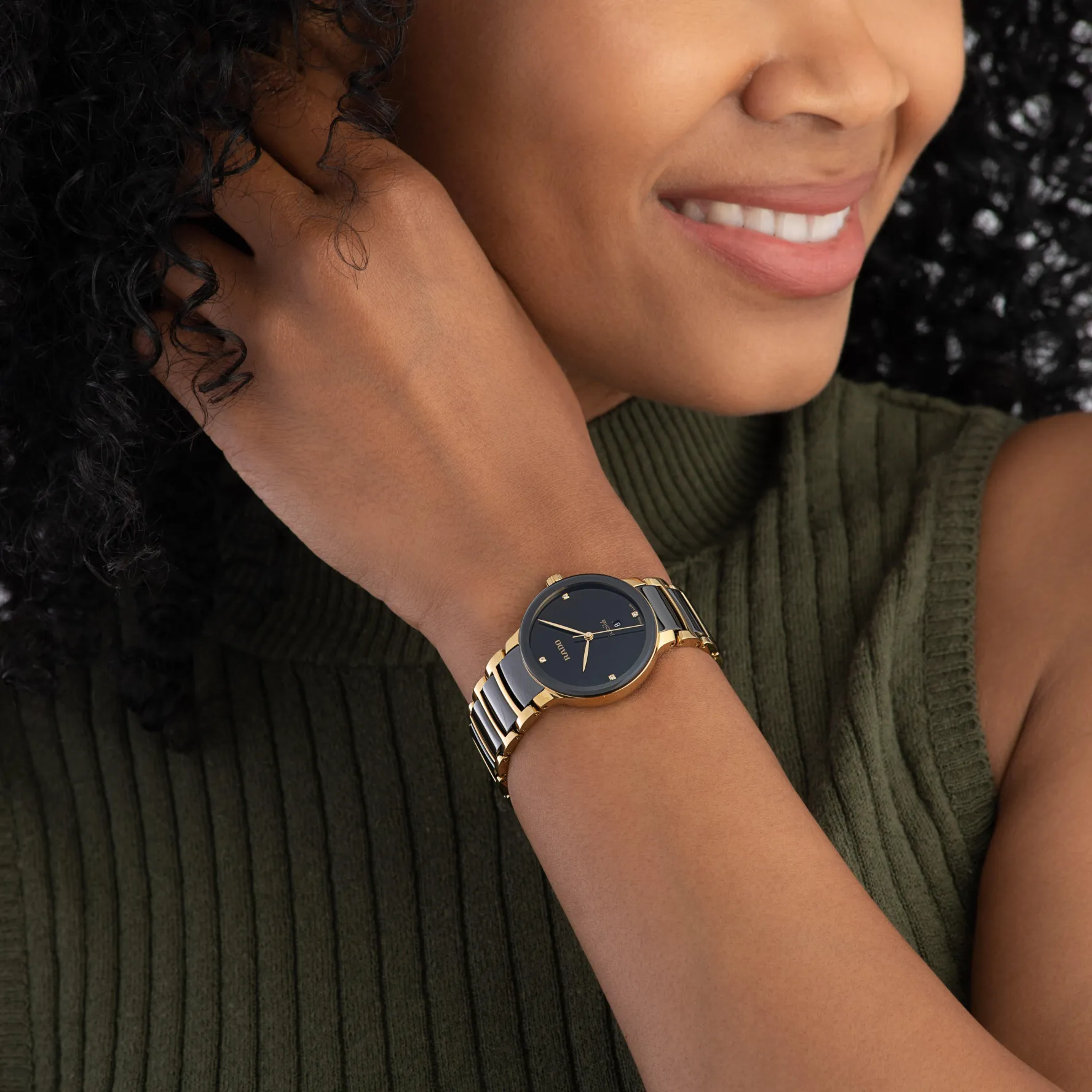 Rado Centrix 30.5mm High-Tech Ceramic and Yellow Gold PVD Diamond Ladies Watch