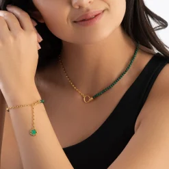 Thomas Sabo Yellow Gold Plated Green Charm Necklace