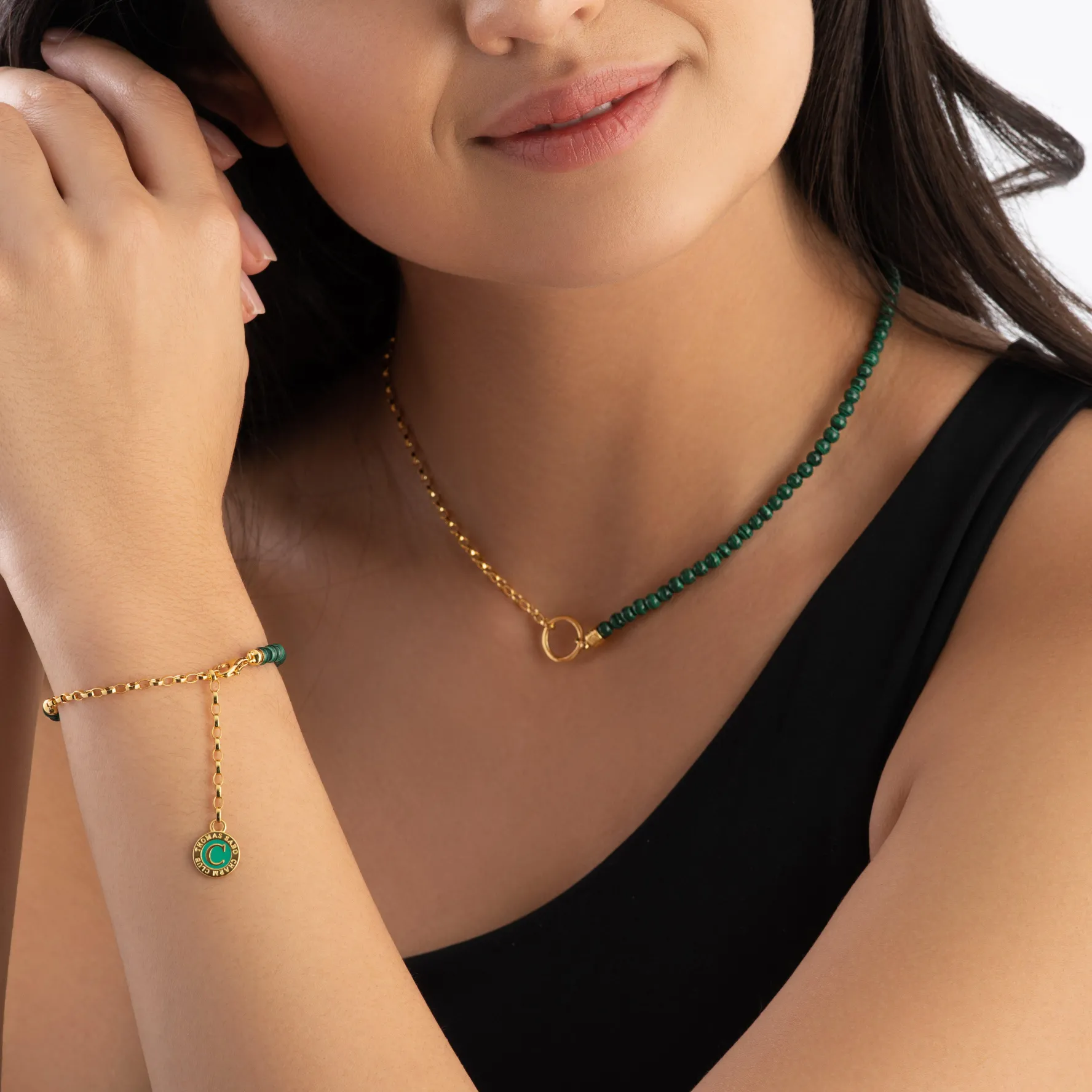 Thomas Sabo Yellow Gold Plated Green Charm Necklace