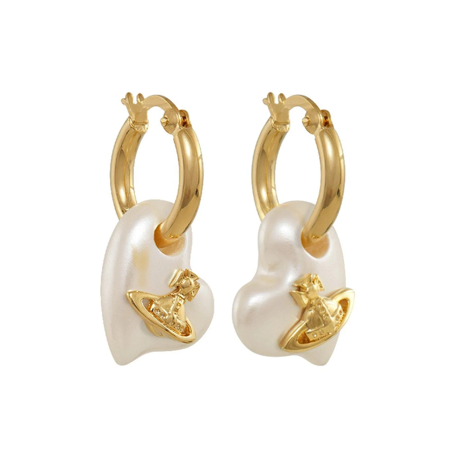 Vivienne Westwood Florentina Yellow Gold Tone Pearl Heart Hoop Earrings
