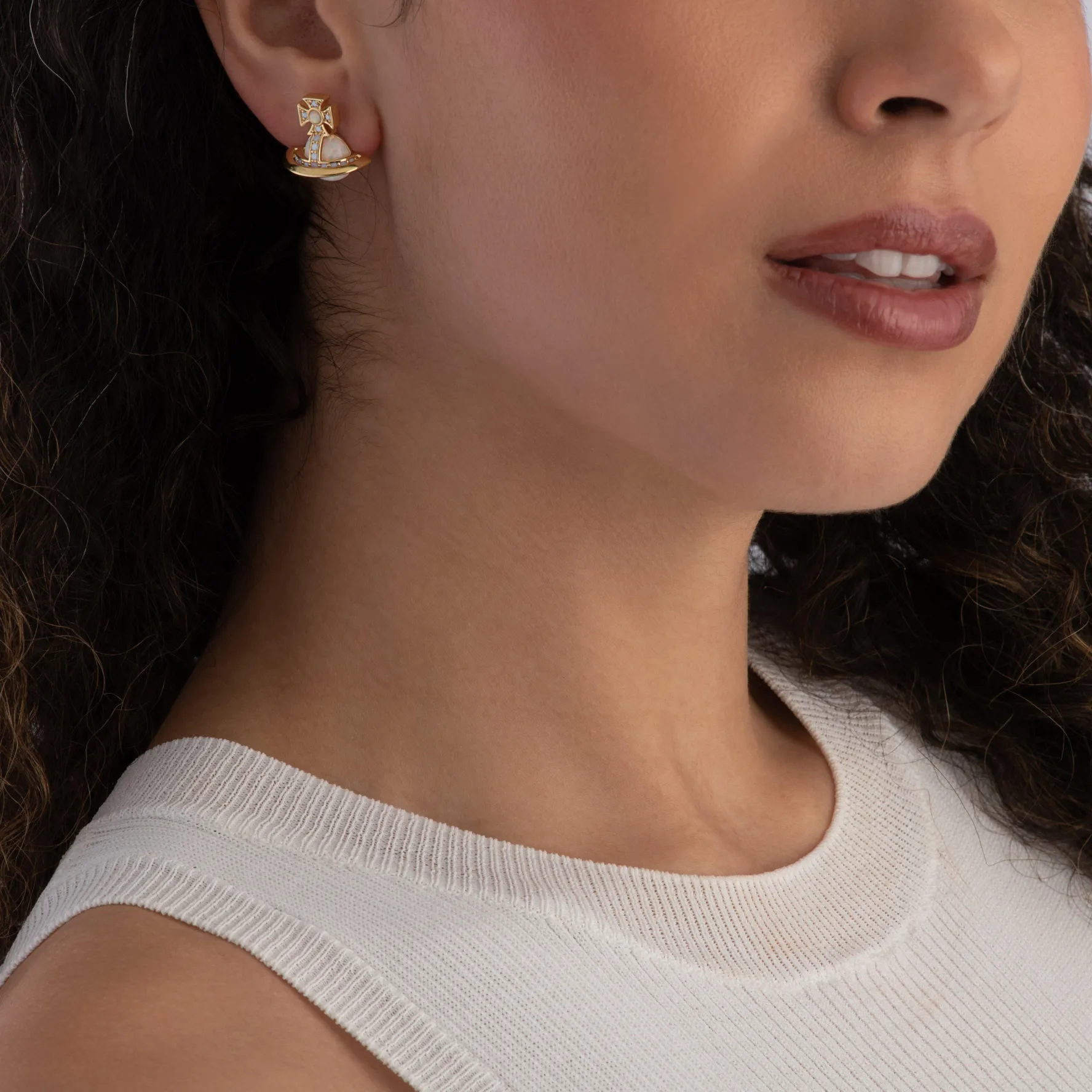 Vivienne Westwood Franca Yellow Gold Tone Cubic Zirconia and Opal Stud Earrings