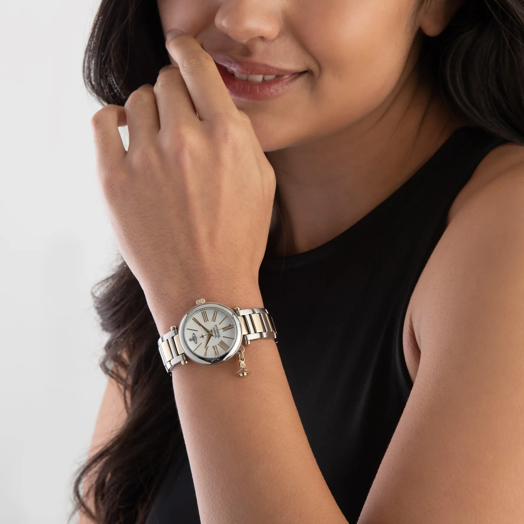 Vivienne Westwood Mother Orb 32mm Stainless Steel and Yellow Gold Tone Mother of Pearl Ladies Watch